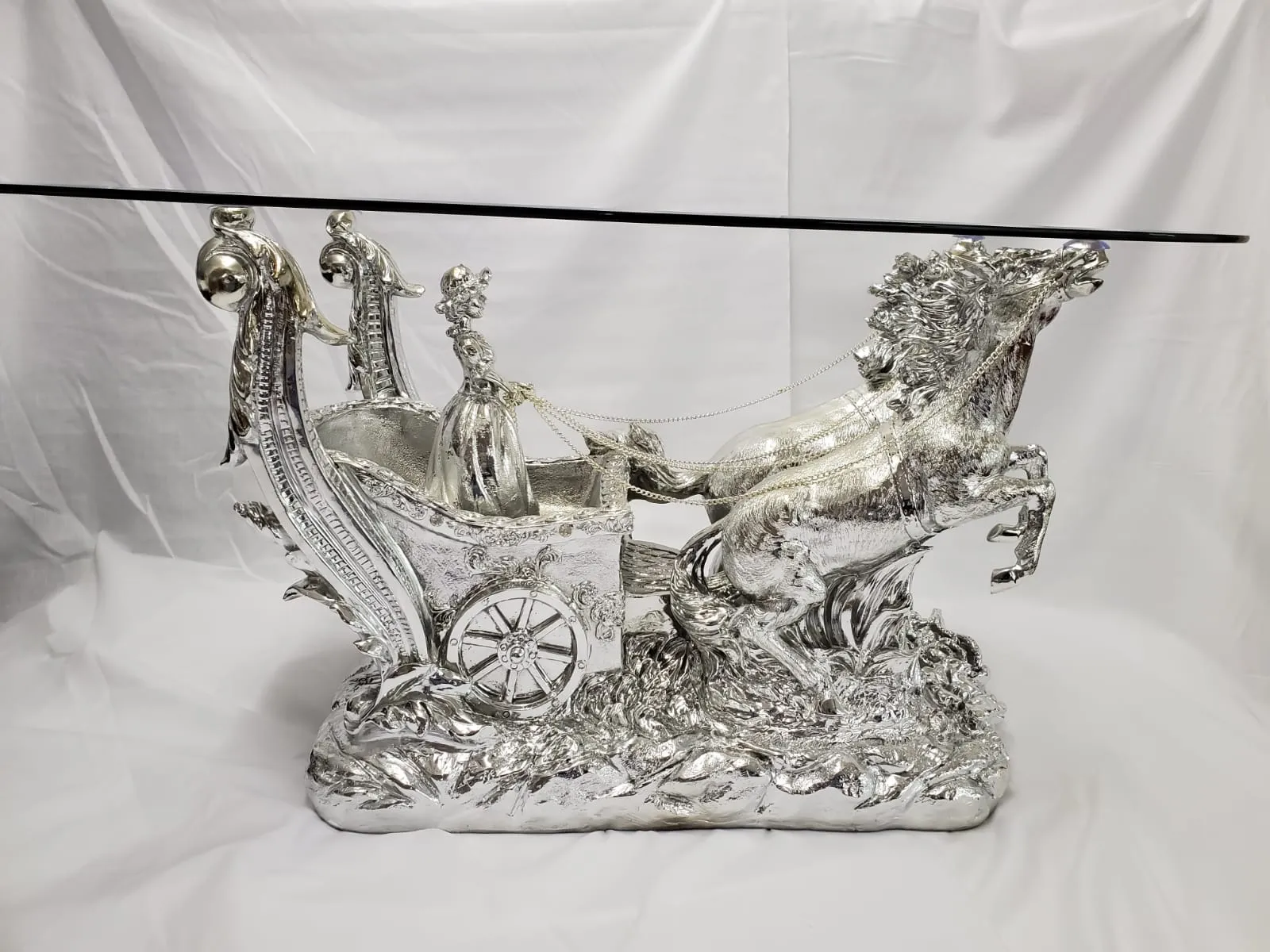 Roman Horse Coffee Table | Clear Tempered Glass | Italian Style | Available in Shiny Gold or Cream Finish | Premium Quality |