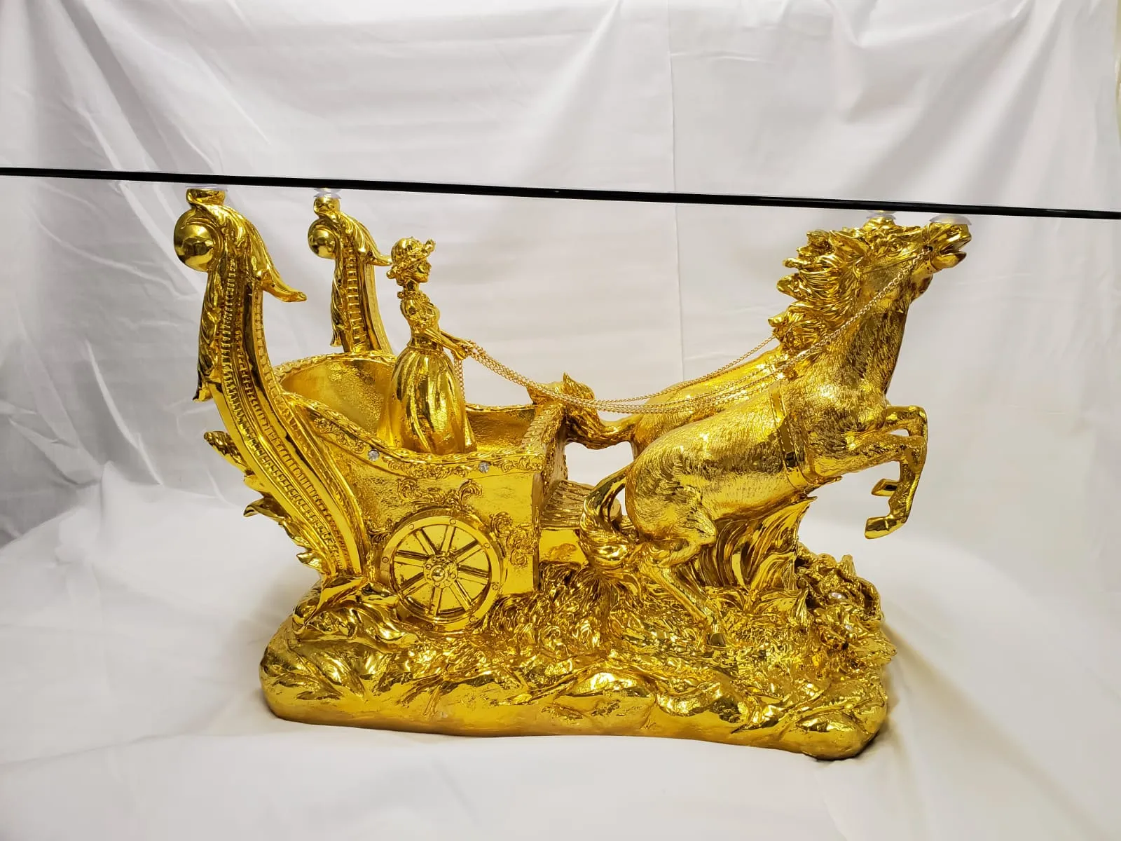 Roman Horse Coffee Table | Clear Tempered Glass | Italian Style | Available in Shiny Gold or Cream Finish | Premium Quality |