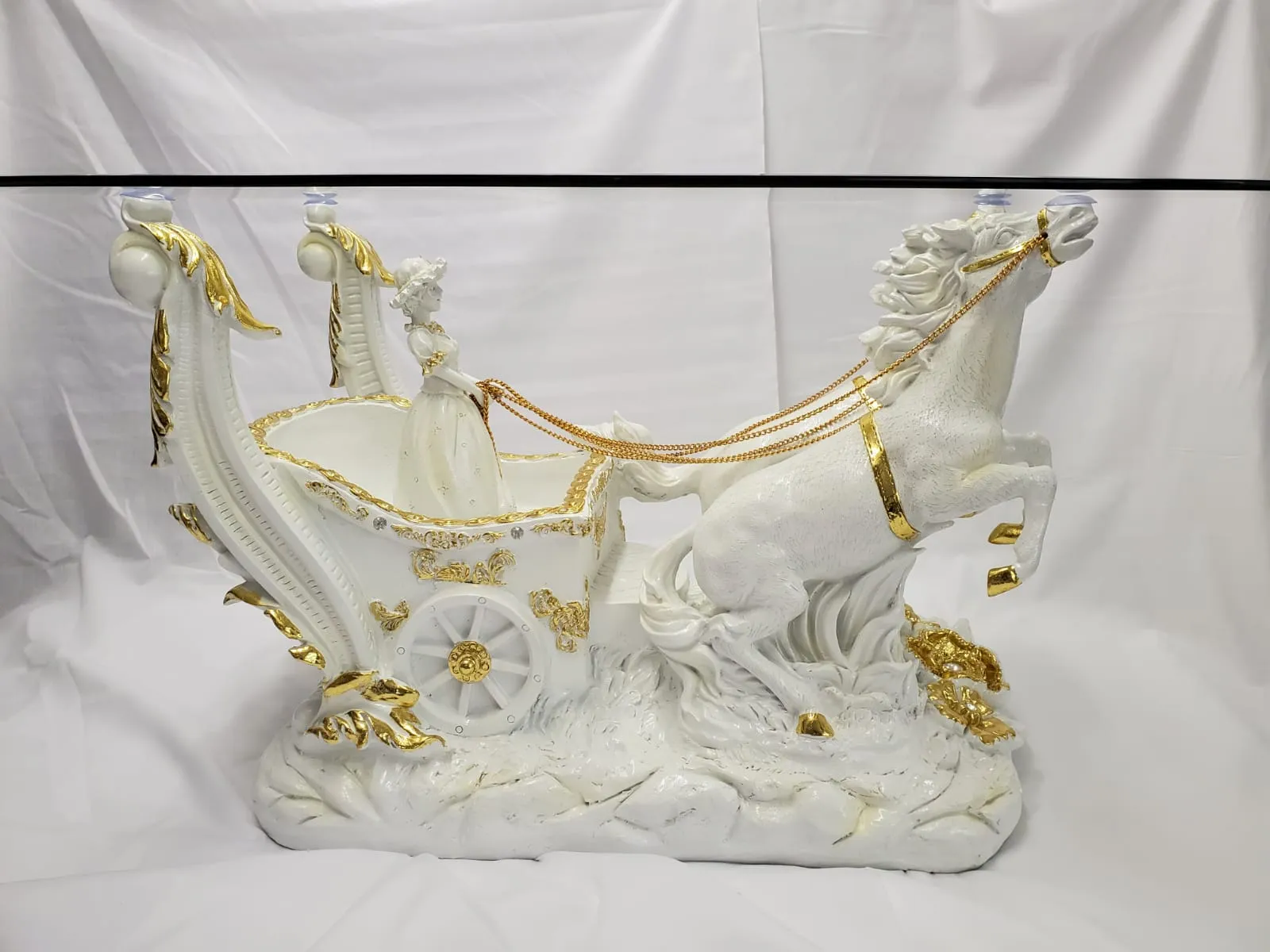 Roman Horse Coffee Table | Clear Tempered Glass | Italian Style | Available in Shiny Gold or Cream Finish | Premium Quality |