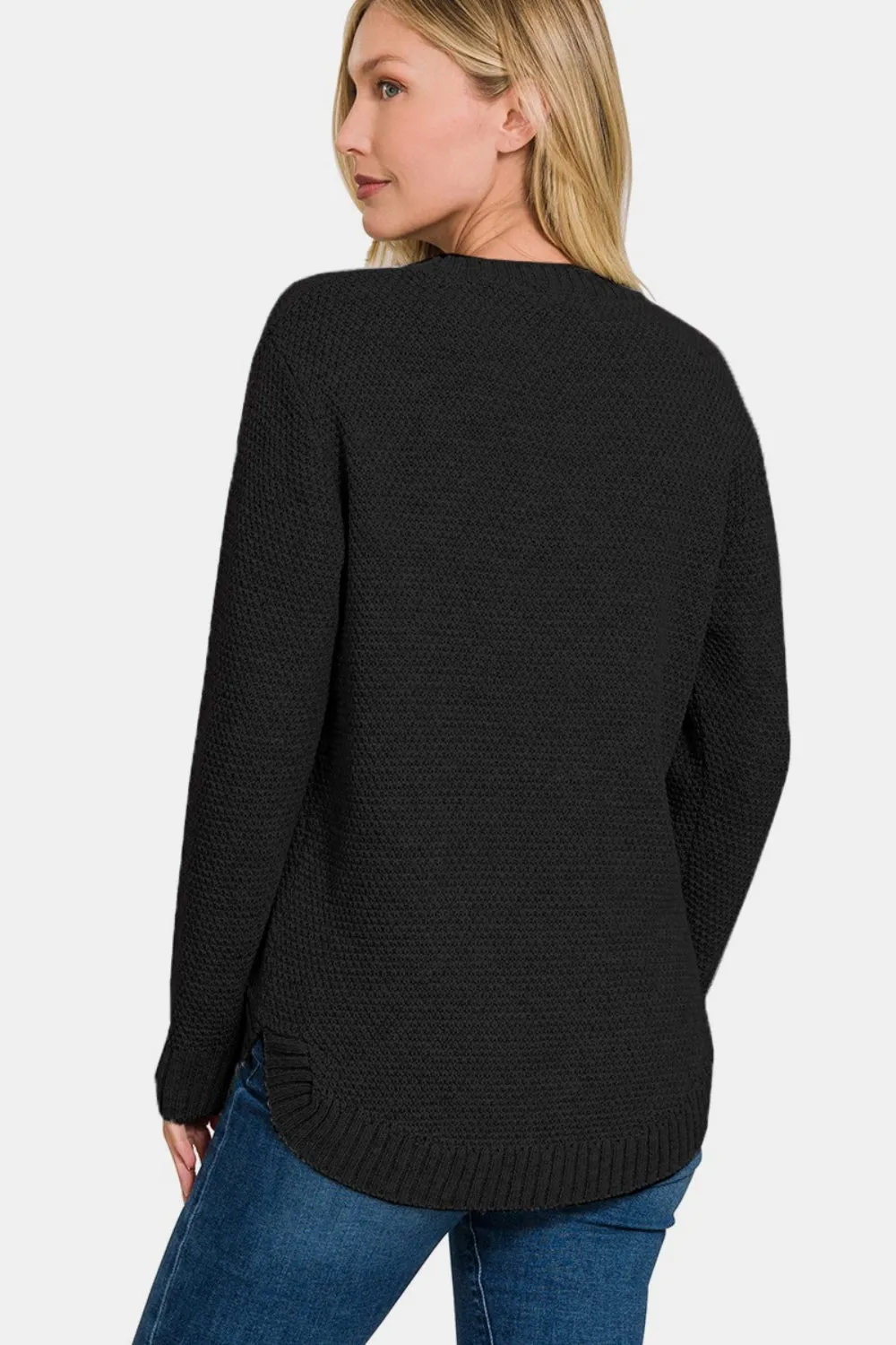 Round Neck Long Sleeve Curved Hem Sweater - Black