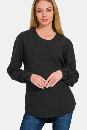 Round Neck Long Sleeve Curved Hem Sweater - Black