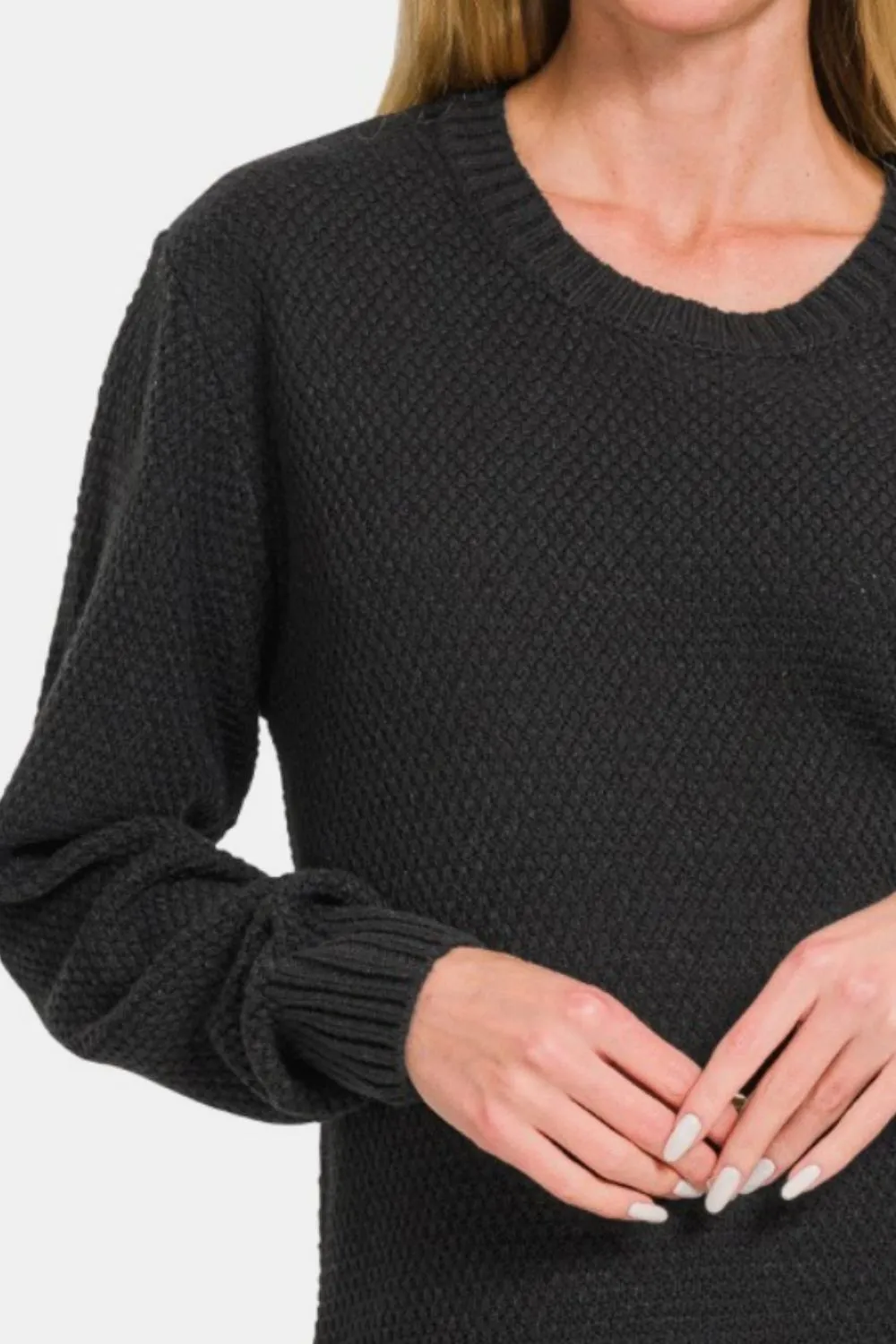 Round Neck Long Sleeve Curved Hem Sweater - Black