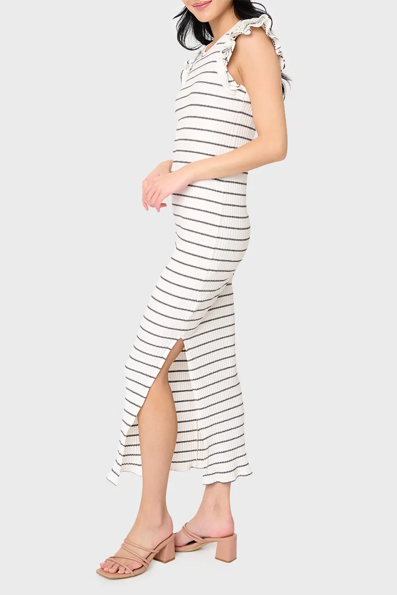 Ruffle Sleeveless Striped Knit Maxi Dress