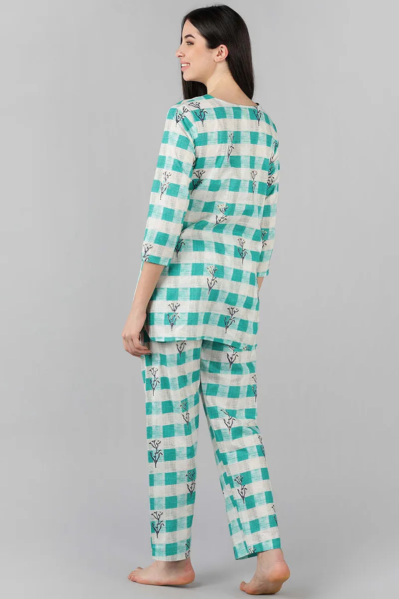 Sea Green Cotton Checked Night Suit