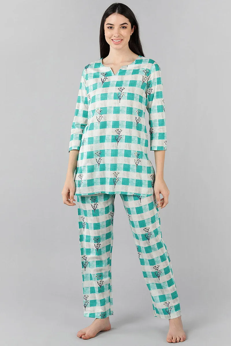 Sea Green Cotton Checked Night Suit