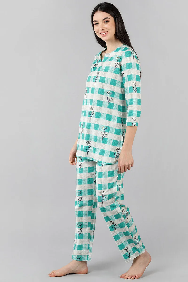 Sea Green Cotton Checked Night Suit