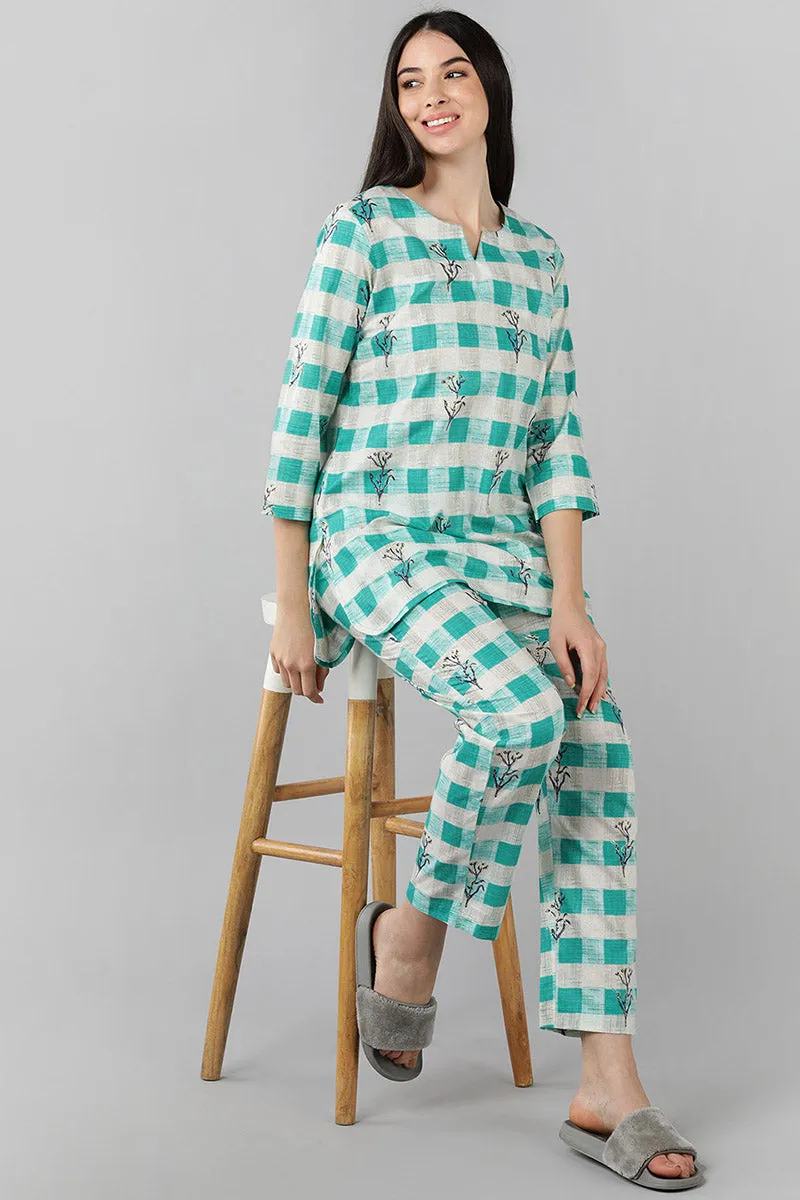 Sea Green Cotton Checked Night Suit