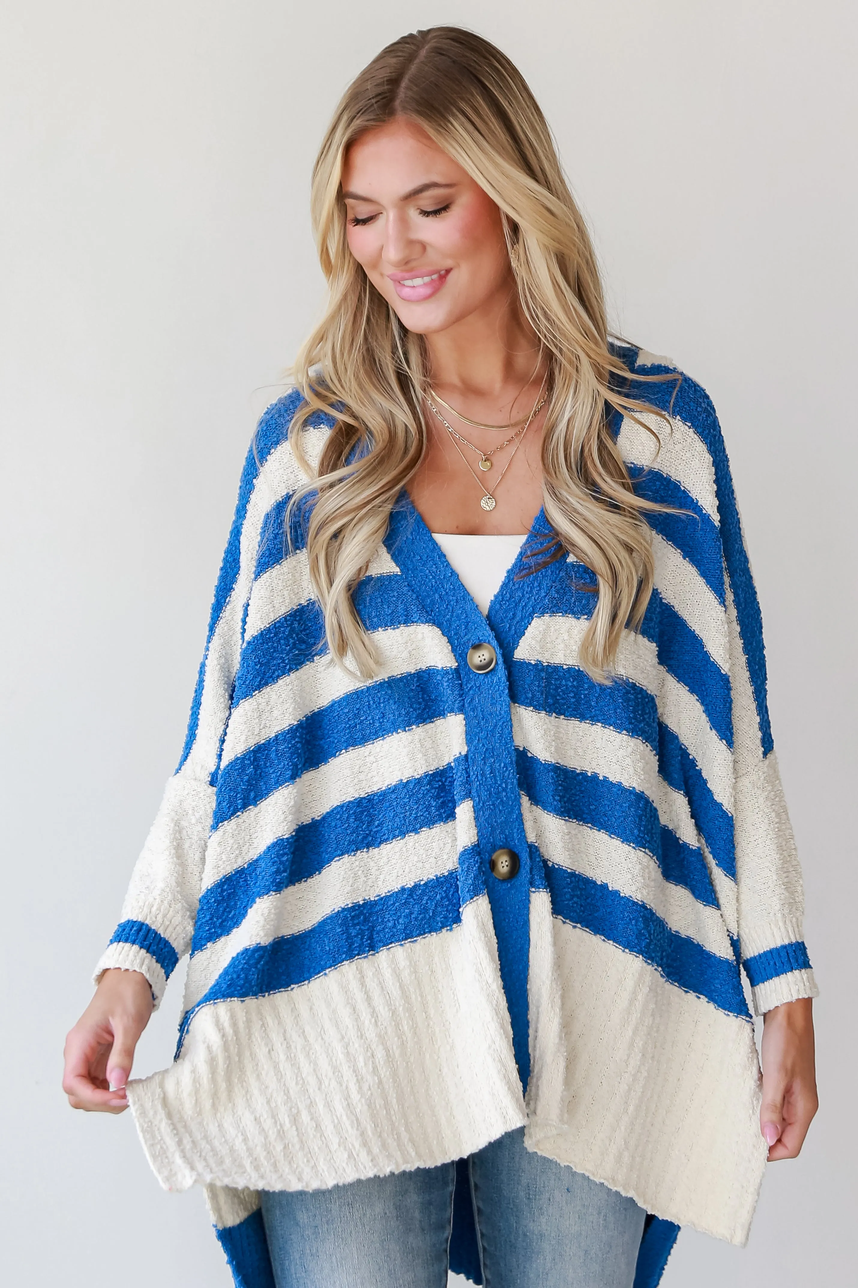 Seasonal Aesthetic Blue Oversized Striped Cardigan