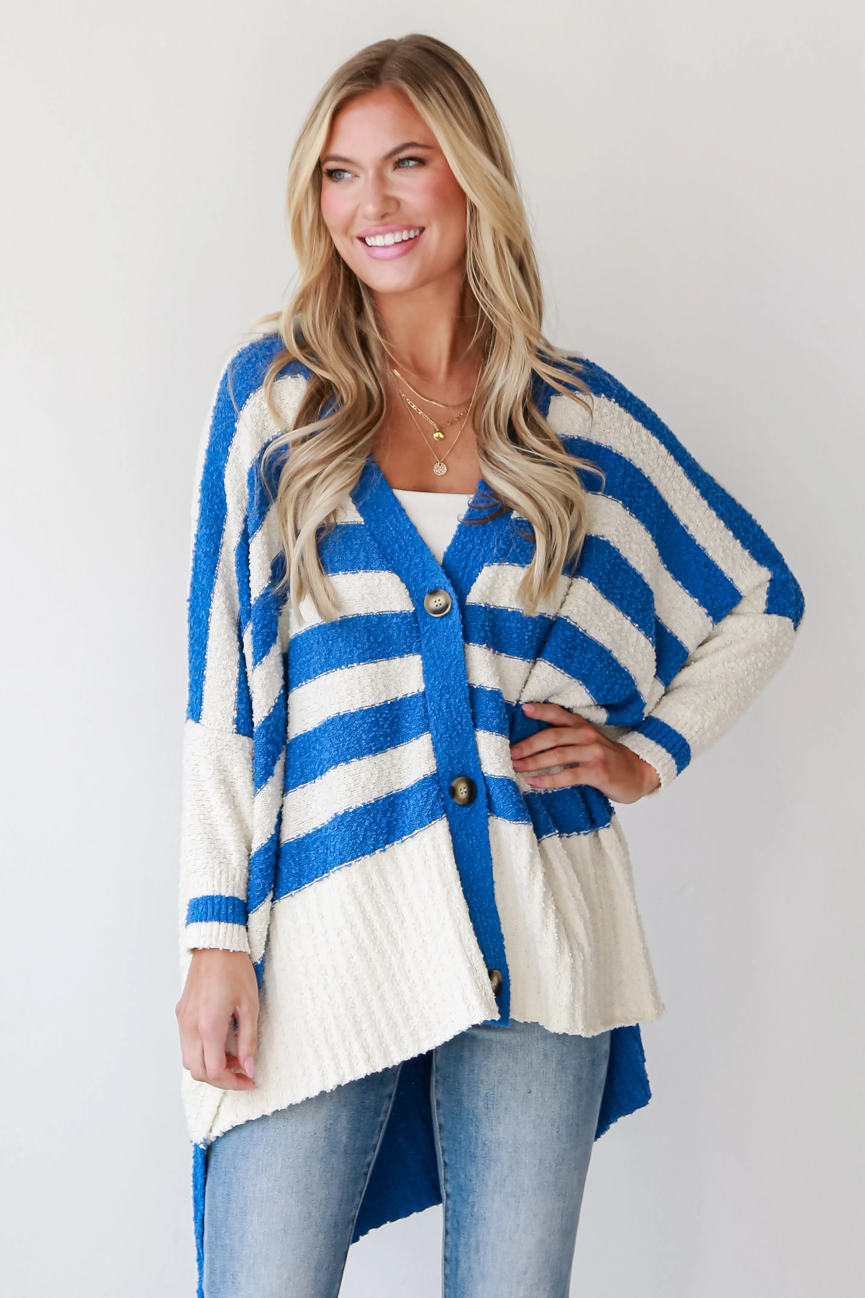 Seasonal Aesthetic Blue Oversized Striped Cardigan