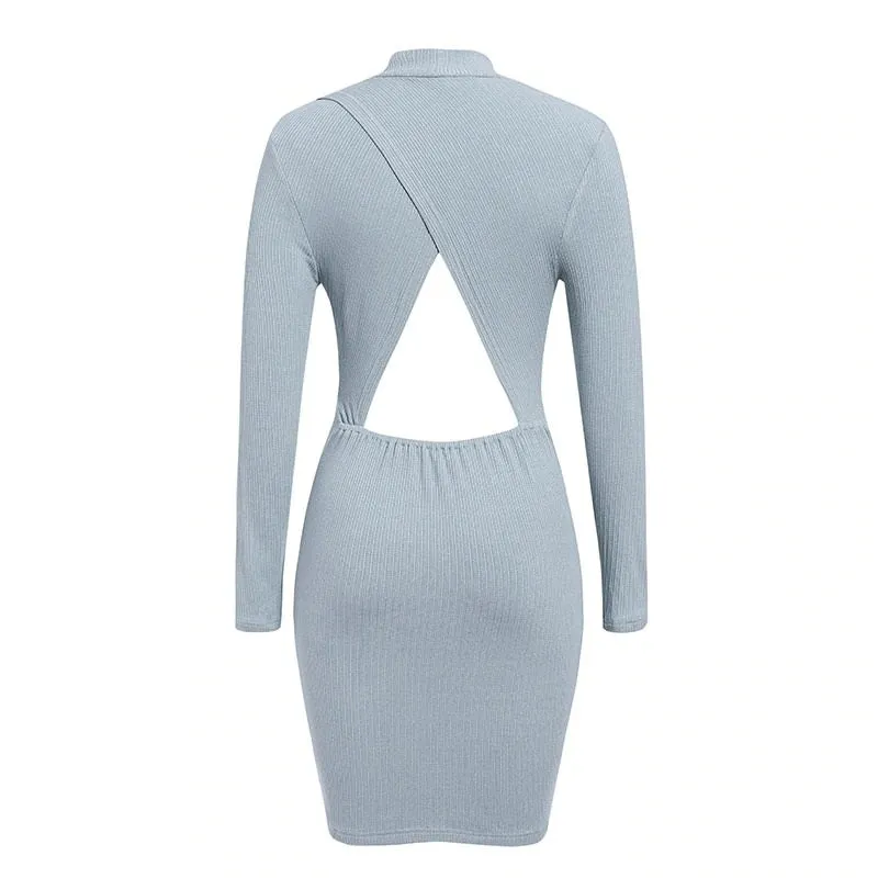 Sexy Backless Short Party Knitted Hollow Out Soft Long Sleeve Slim Fit Sheath Mini Dress