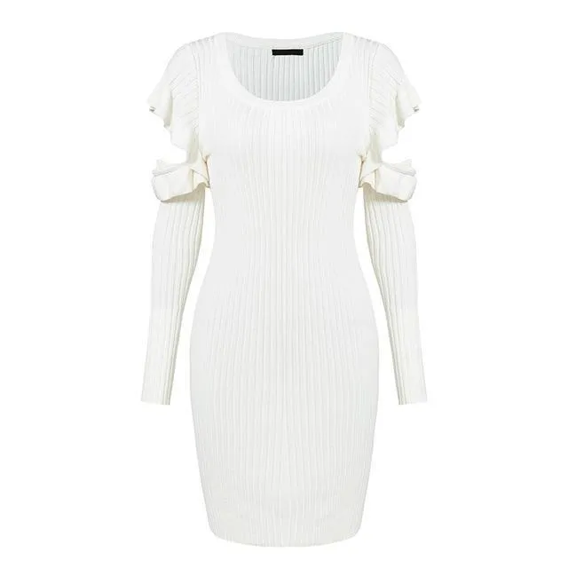 Sexy Bodycon Cold Shoulder Knitted Sweater Ruffles Dress