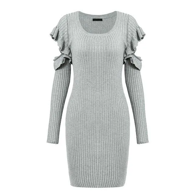 Sexy Bodycon Cold Shoulder Knitted Sweater Ruffles Dress