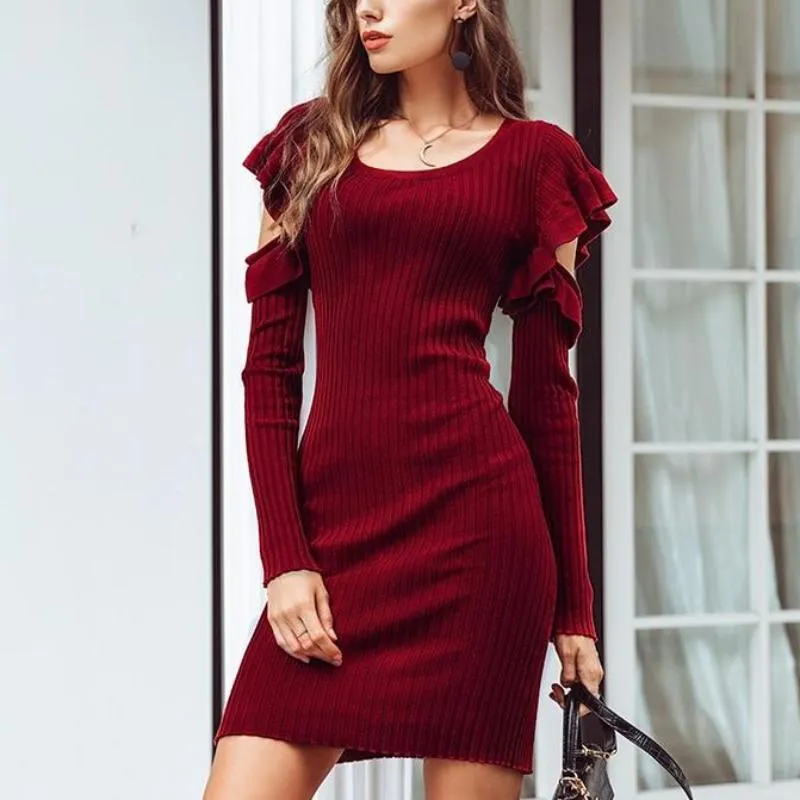 Sexy Bodycon Cold Shoulder Knitted Sweater Ruffles Dress