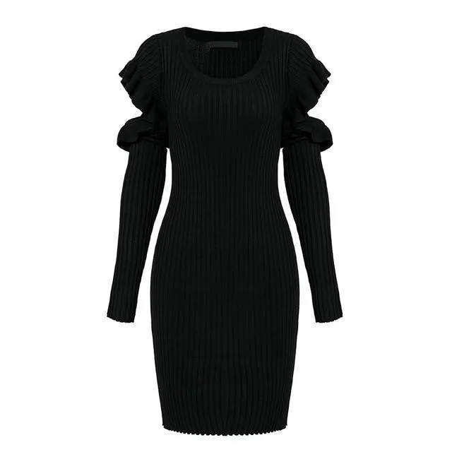 Sexy Bodycon Cold Shoulder Knitted Sweater Ruffles Dress