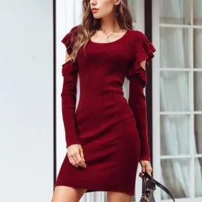 Sexy Bodycon Cold Shoulder Knitted Sweater Ruffles Dress