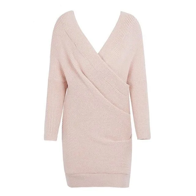 Sexy V Neck Cross Knitting Sweater Long Sleeve Dress