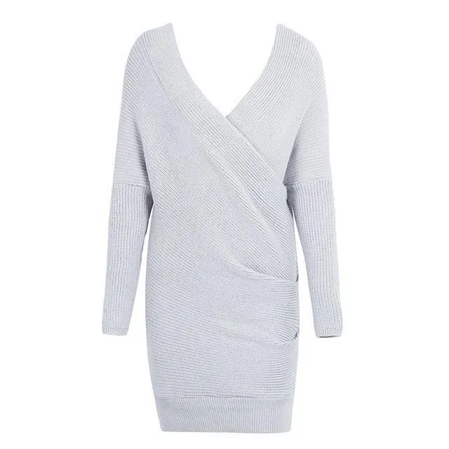 Sexy V Neck Cross Knitting Sweater Long Sleeve Dress