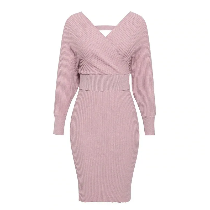 Sexy V-neck Knitted 2 Piece Batwing Sleeve Elegant Party Sweater Dress