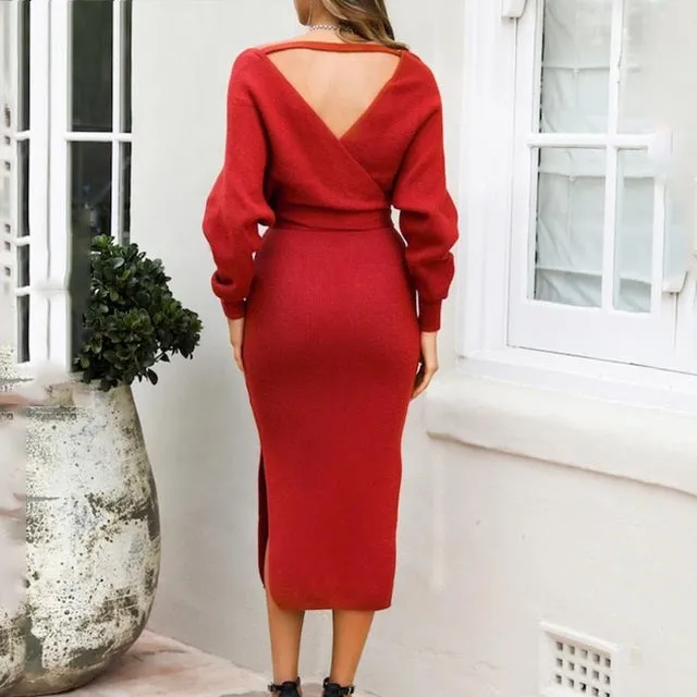 Sexy V-Neck Knitted Solid High Waist Sheath Autumn Elegant Belt Office Dress