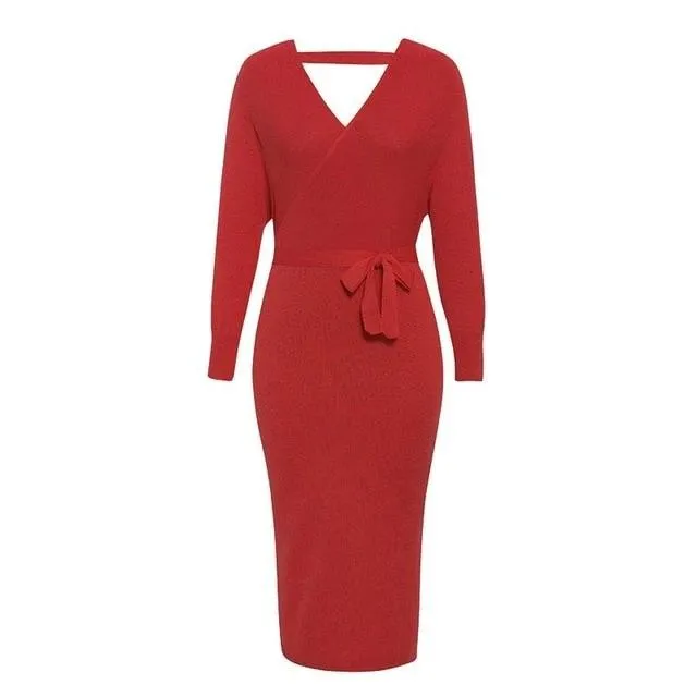 Sexy V-Neck Knitted Solid High Waist Sheath Autumn Elegant Belt Office Dress