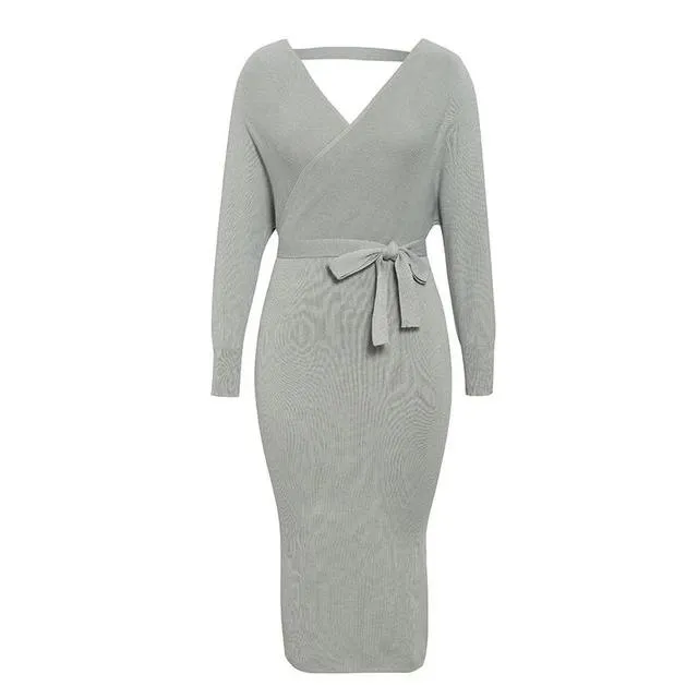 Sexy V-Neck Knitted Solid High Waist Sheath Autumn Elegant Belt Office Dress