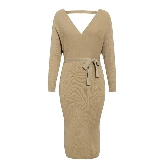 Sexy V-Neck Knitted Solid High Waist Sheath Autumn Elegant Belt Office Dress