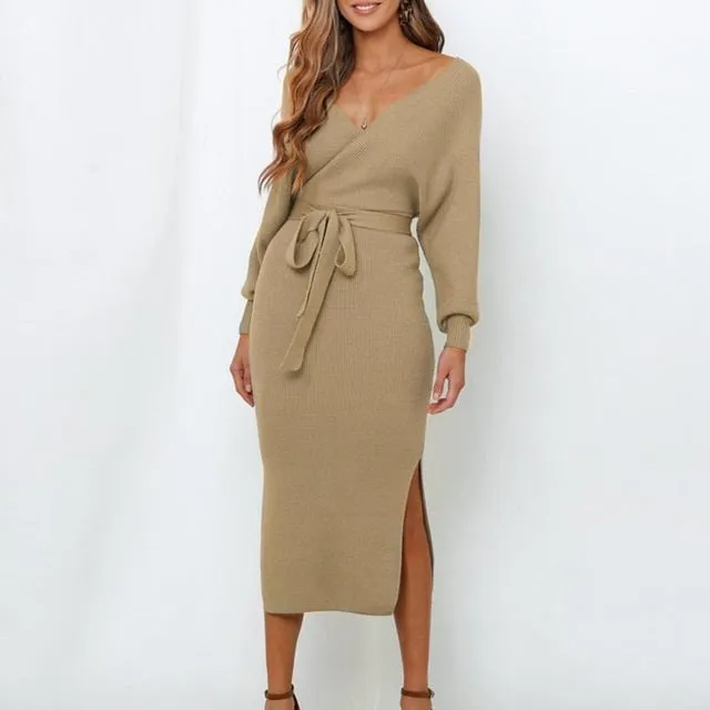 Sexy V-Neck Knitted Solid High Waist Sheath Autumn Elegant Belt Office Dress