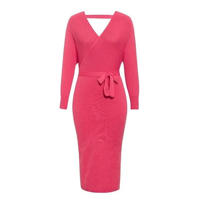 Sexy V-Neck Knitted Solid High Waist Sheath Autumn Elegant Belt Office Dress