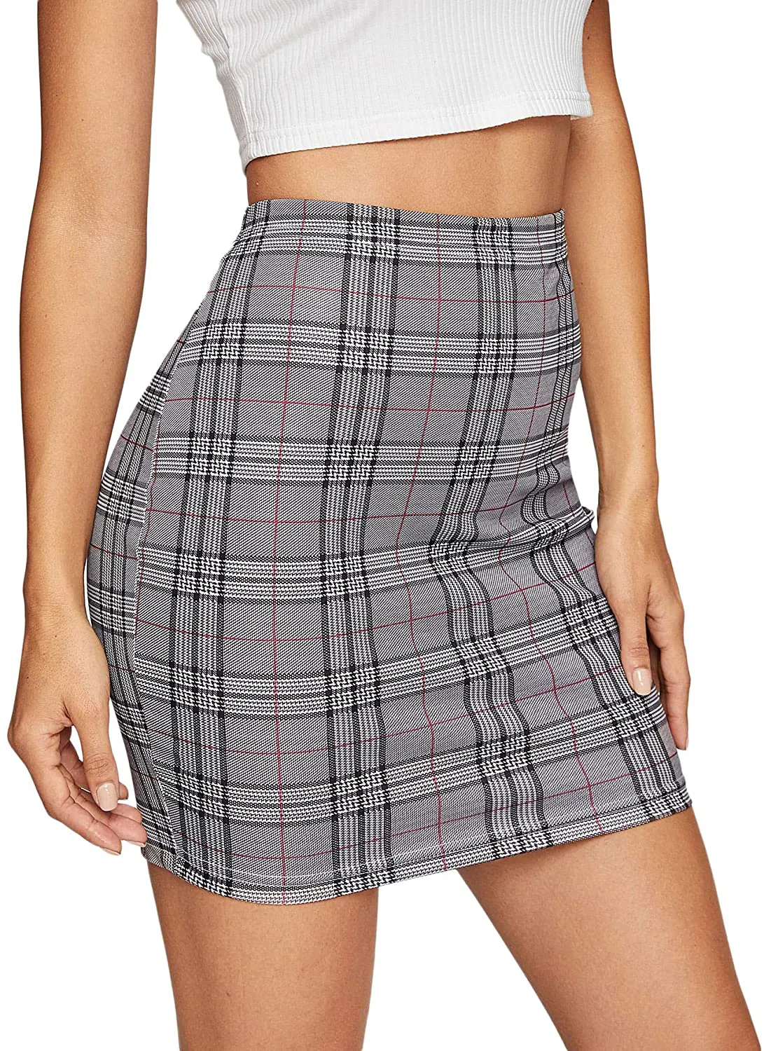 SheIn Women's Basic Stretch Plaid Mini Bodycon Pencil Skirt