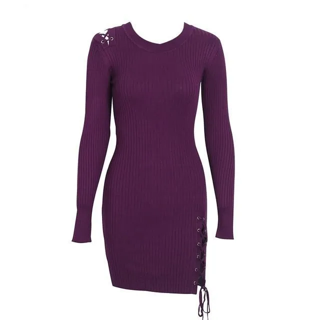 Side Lace Up Slim Fit Knitted Sweater Long Sleeve Dress