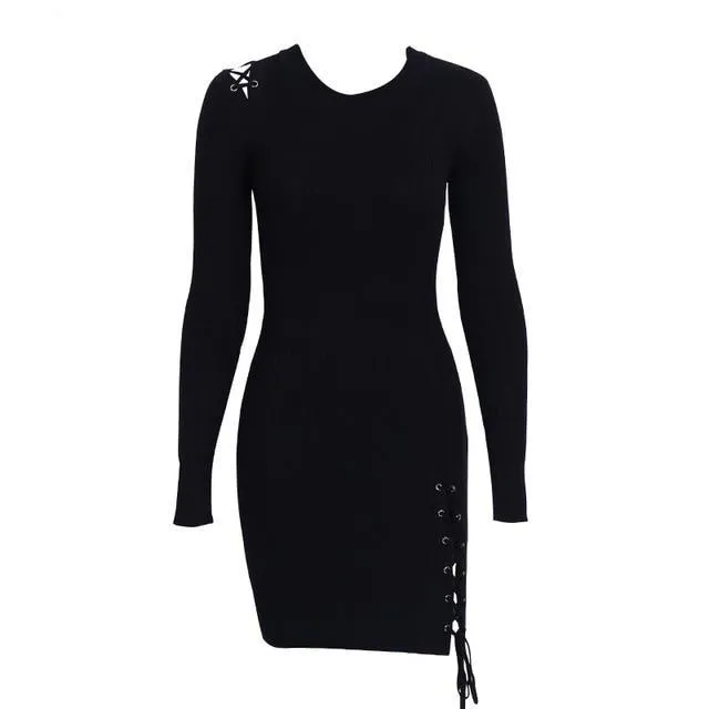 Side Lace Up Slim Fit Knitted Sweater Long Sleeve Dress