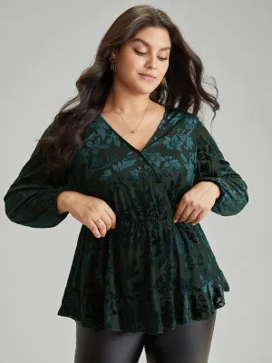 Silhouette Floral Print Plain Velvet Texture Wrap Blouse