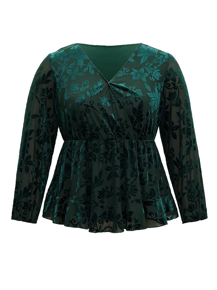 Silhouette Floral Print Plain Velvet Texture Wrap Blouse