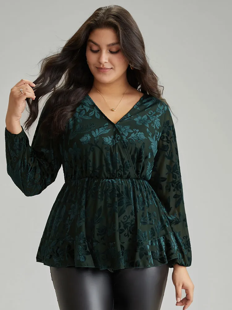 Silhouette Floral Print Plain Velvet Texture Wrap Blouse