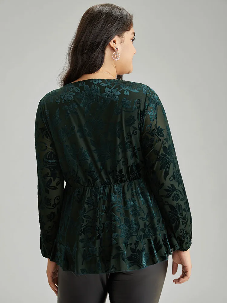 Silhouette Floral Print Plain Velvet Texture Wrap Blouse