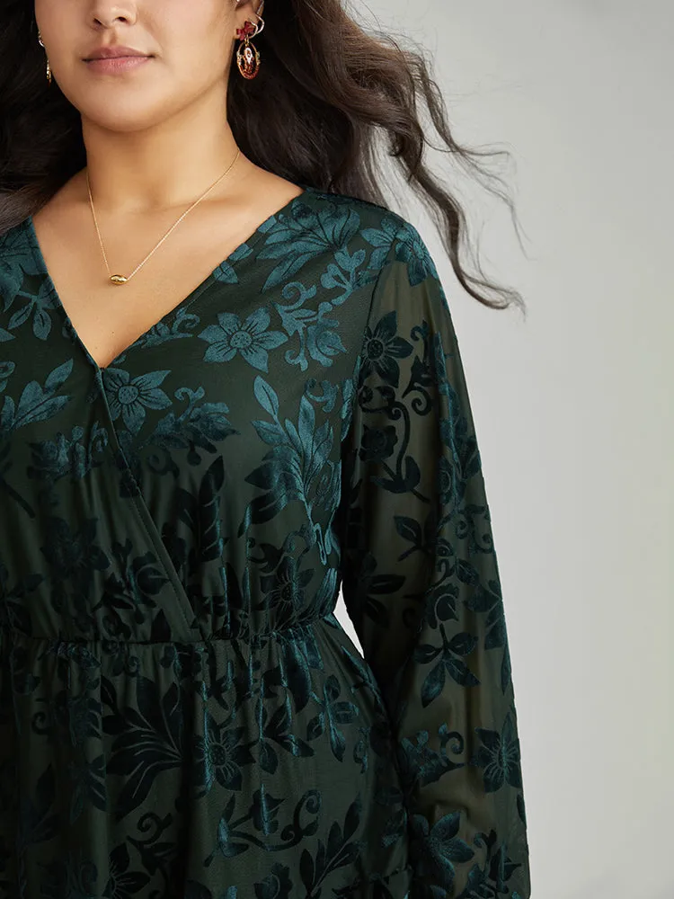 Silhouette Floral Print Plain Velvet Texture Wrap Blouse