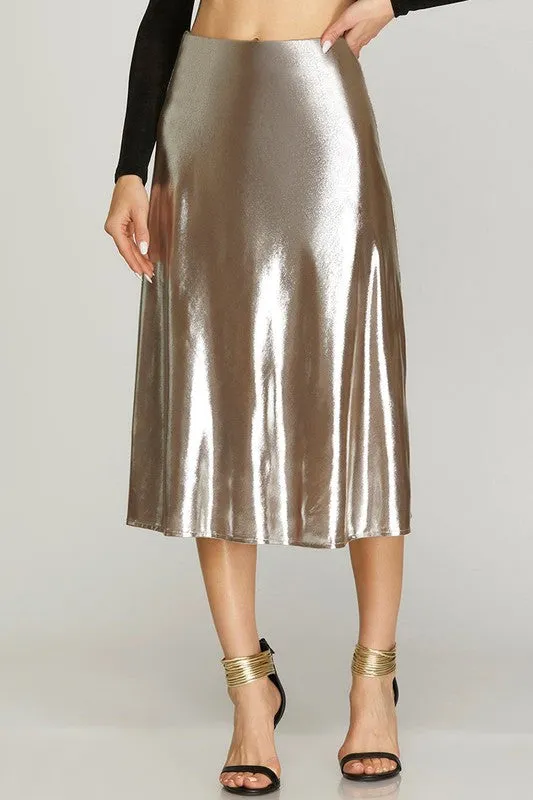 Silver Metallic Knit Midi Skirt With Side Slit