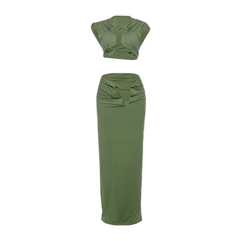 Sleeveless hollow out ruched slit solid maxi skirt set