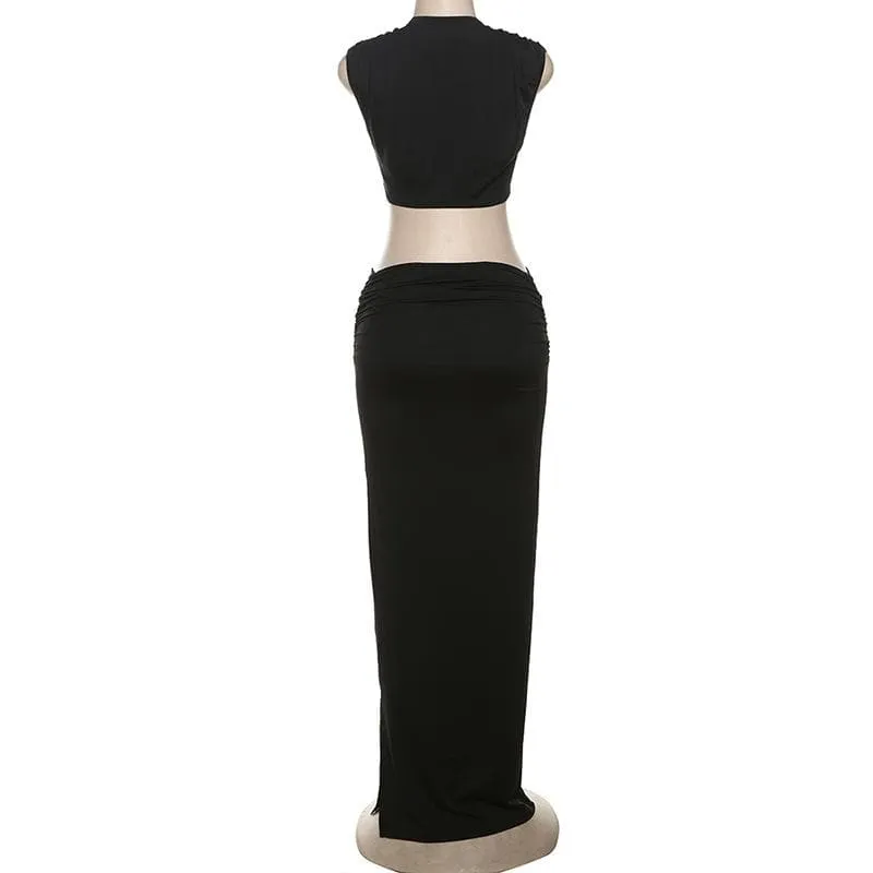 Sleeveless hollow out ruched slit solid maxi skirt set