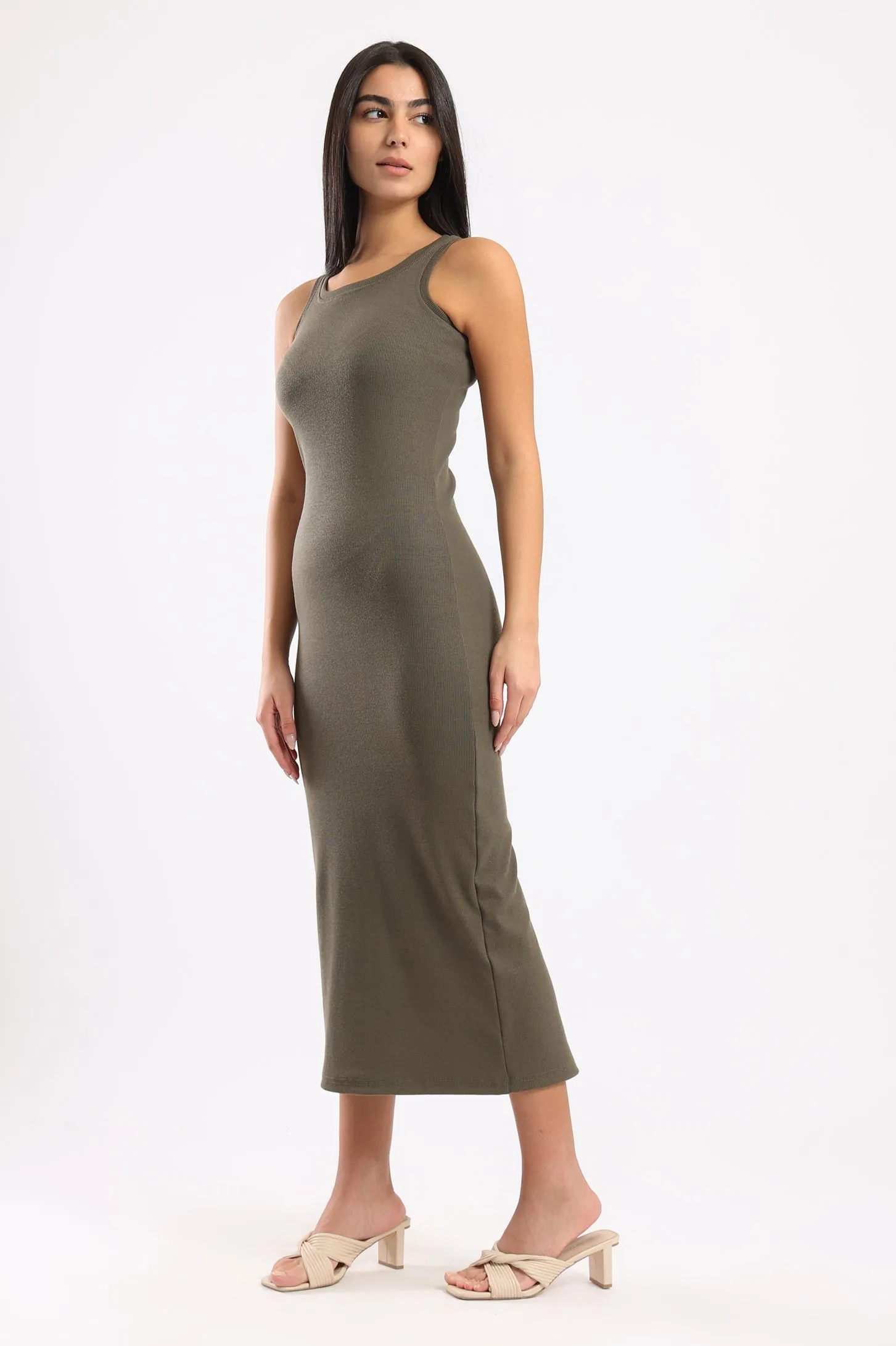 SLEEVELESS RIB KNIT DRESS - KHAKI