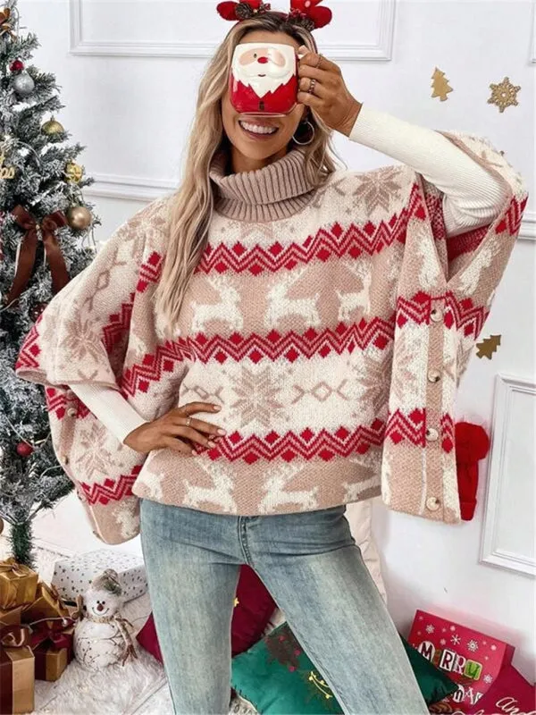 Sleigh Queen Women's Christmas Turtleneck Pullover | Elk Snowflake Ugly Christmas Sweater  | Batwing Sweater