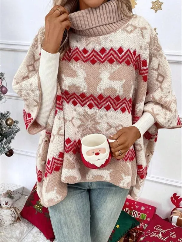 Sleigh Queen Women's Christmas Turtleneck Pullover | Elk Snowflake Ugly Christmas Sweater  | Batwing Sweater