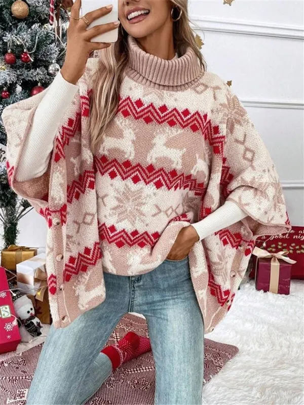 Sleigh Queen Women's Christmas Turtleneck Pullover | Elk Snowflake Ugly Christmas Sweater  | Batwing Sweater