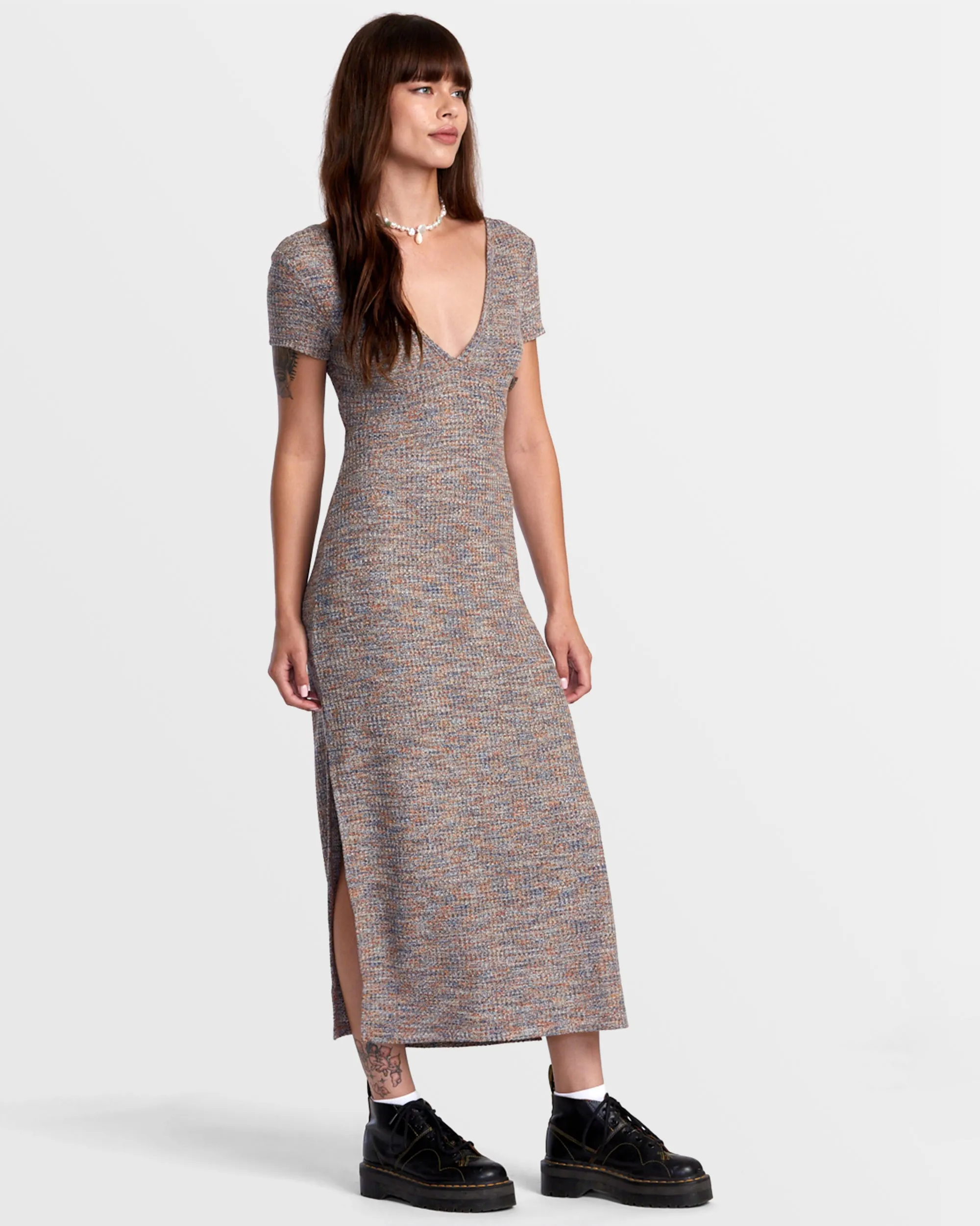 Smitten Marled V-Neck Midi Sweater Dress - Camel