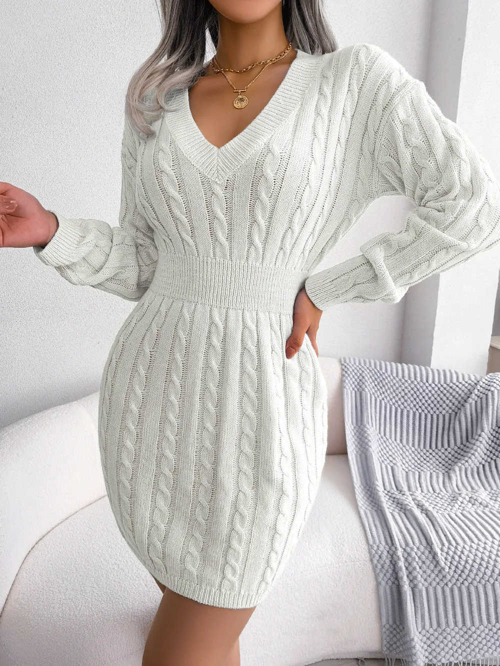 Solid Color V-Neck Long Sleeve Knit Dress