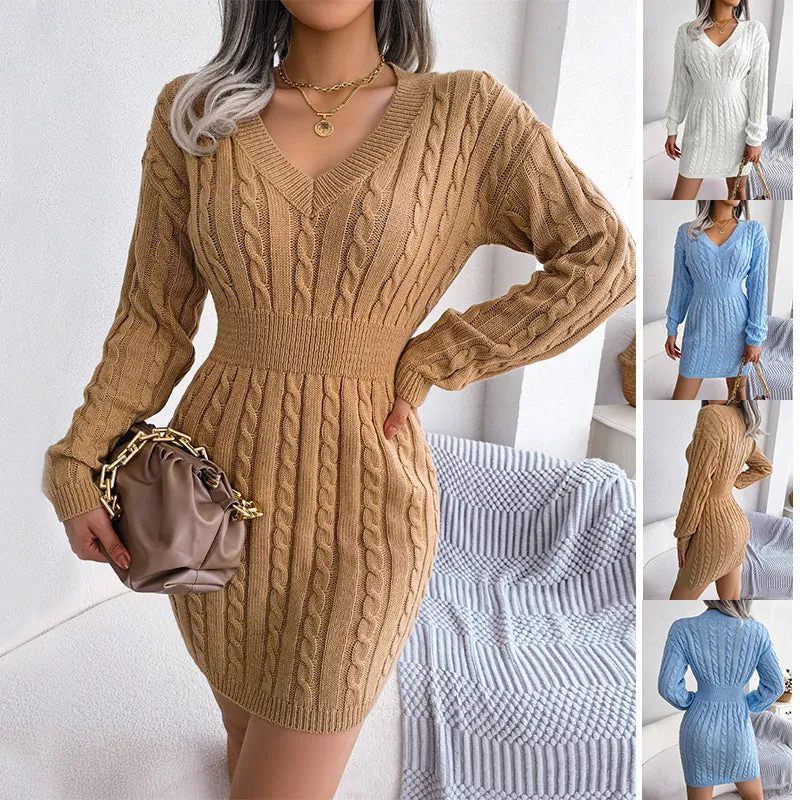 Solid Color V-Neck Long Sleeve Knit Dress