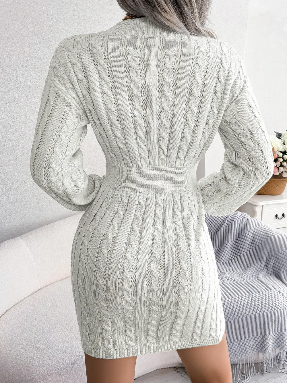 Solid Color V-Neck Long Sleeve Knit Dress