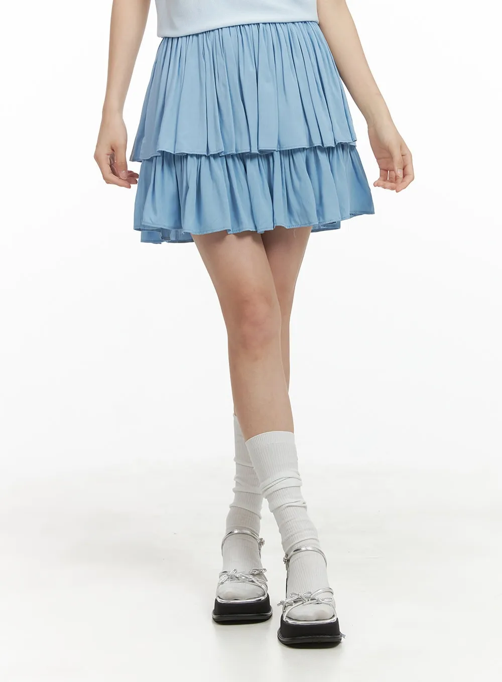 Solid Ruched Ruffle Hem Mini Skirt OY421