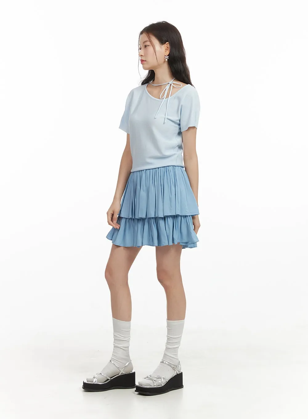 Solid Ruched Ruffle Hem Mini Skirt OY421