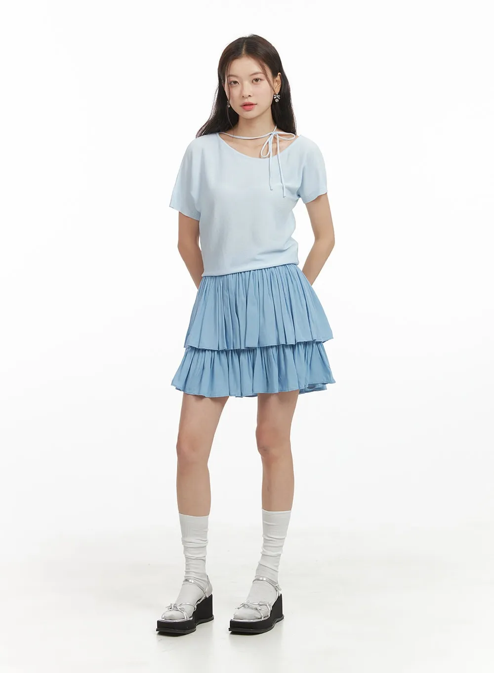 Solid Ruched Ruffle Hem Mini Skirt OY421